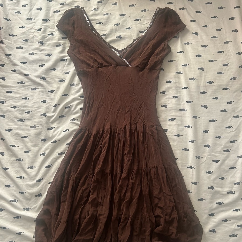 Women's Brown Silk V-Neck Tiered Dress